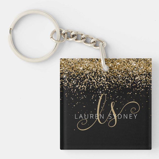 Name des Gold Glitzer Glam Monogram Schlüsselanhänger (Vorderseite)