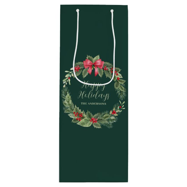 Name des grünen klassischen Weihnachtskranzes Geschenktüte Für Weinflaschen (Vorderseite)