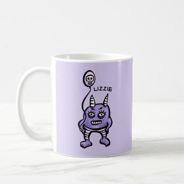 Name des Horrors des niedlichen Demon-Lila Cartoon Kaffeetasse (Links)