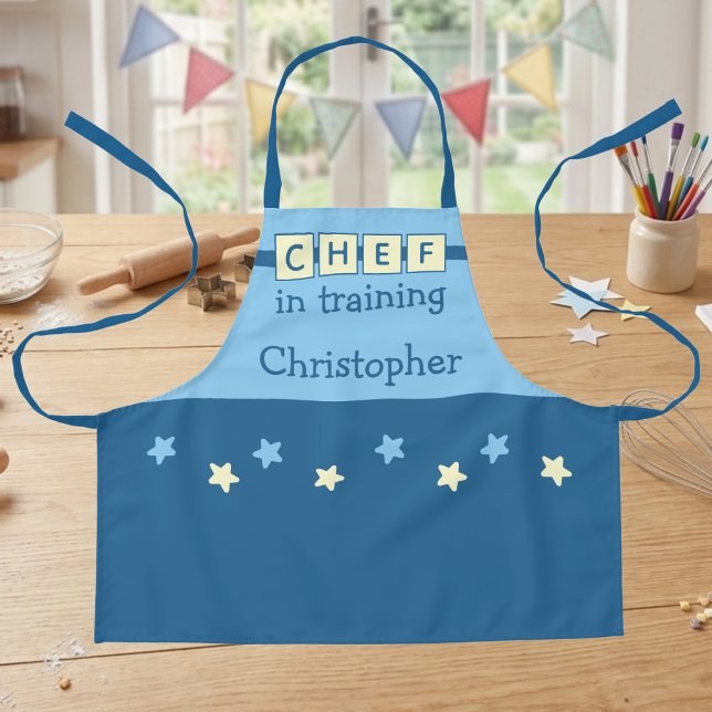 Name des Kinderkochs blaue gelbe Sterne Schürze (Von Creator hochgeladen)