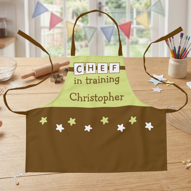 Name des Kinderkochs Sterne grün braun Schürze (Von Creator hochgeladen)