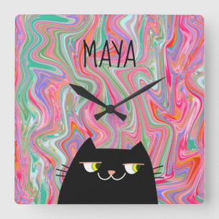 Name des Künstlerischen Musters für Schwarze Katze Quadratische Wanduhr