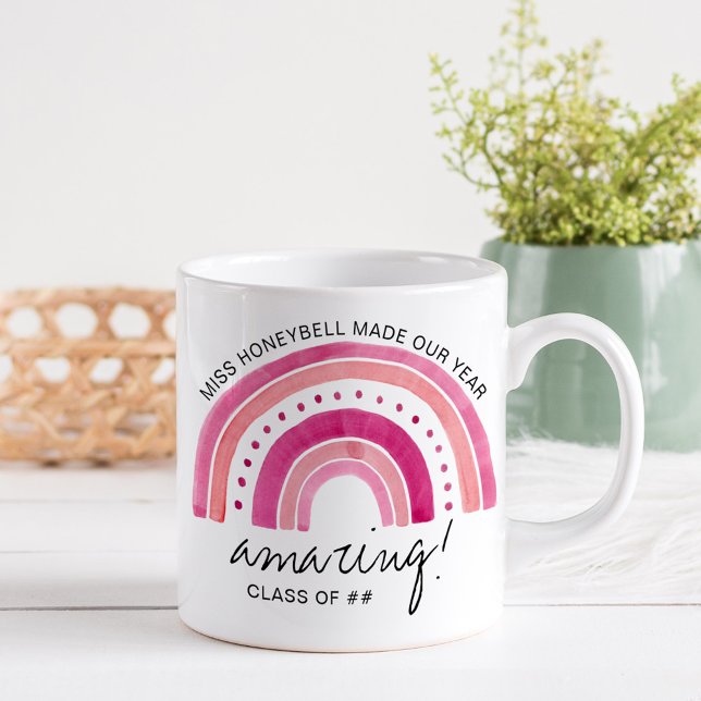 Name des Lehrers Phantastisch | Doodle Rainbow Kaffeetasse (Amazing teacher gift mug with pink rainbow)