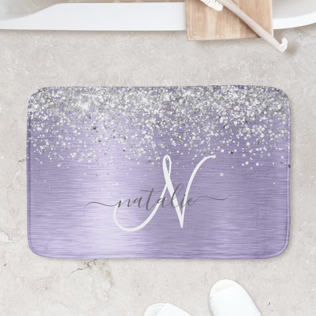Name des lila gebürsteten Metalls Silber Glitzer M Badematte (You’ll love this dazzling purple brushed metal silver glitter bath mat with your monogram)