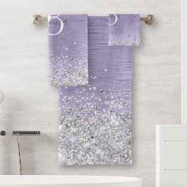 Name des lila gebürsteten Metalls Silber Glitzer M Badhandtuch Set