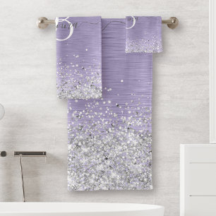 Name des lila gebürsteten Metalls Silber Glitzer M Badhandtuch Set