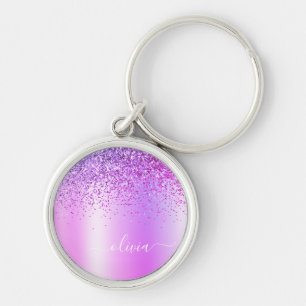 Name des lila Glitzer Glam Metal Monogram Schlüsselanhänger