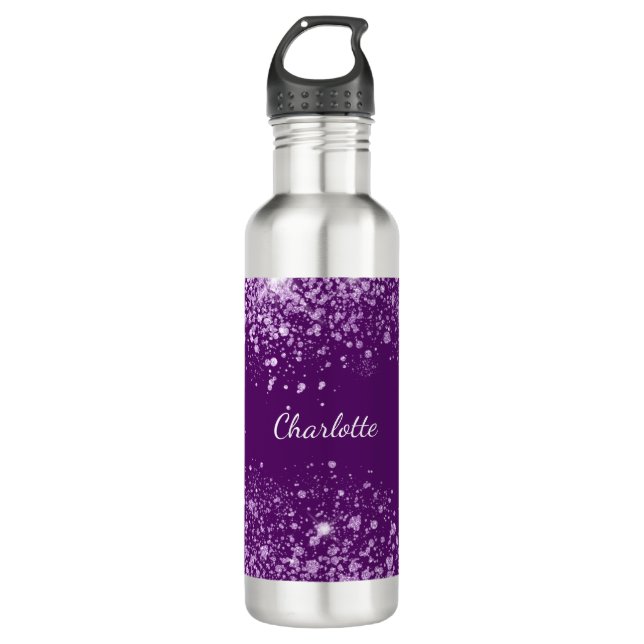 Name des lila Glitzer Monogramm Edelstahlflasche (Vorderseite)