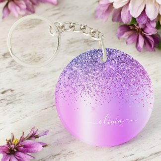 Name des lila Glitzer Sparkle Glam Metal Monogram Schlüsselanhänger