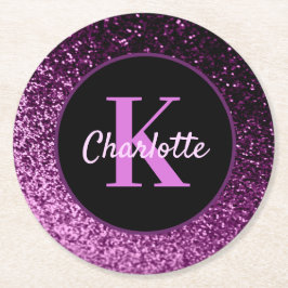 Name des lila rosa Glitzer Monogramm Runder Pappuntersetzer
