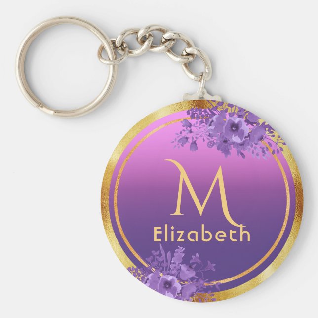 Name des lila rosa Goldglasfensters Monogramm Schlüsselanhänger (Vorne)
