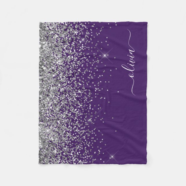 Name des lila Silver Glitzer Girl Monogram Fleecedecke (Vorderseite)