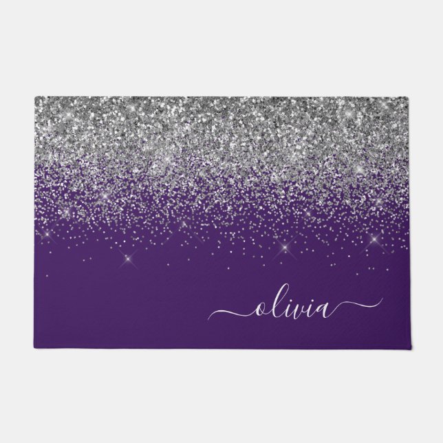 Name des lila Silver Glitzer Girl Monogram Fußmatte (Vorderseite)