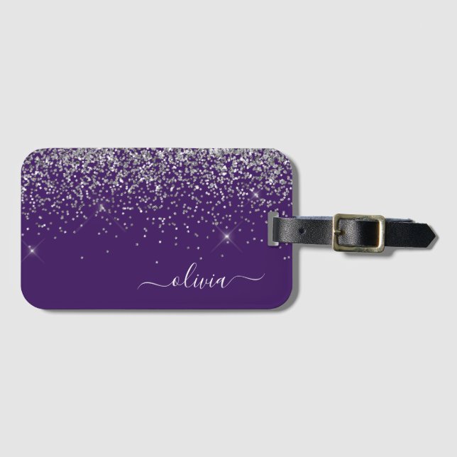 Name des lila Silver Glitzer Girl Monogram Gepäckanhänger (Vorderseite (Horizontal))