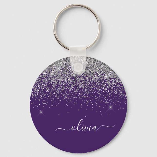 Name des lila Silver Glitzer Girl Monogram Schlüsselanhänger (Vorderseite)
