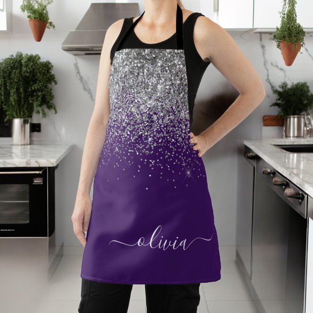 Name des lila Silver Glitzer Girl Monogram Schürze (Von Creator hochgeladen)