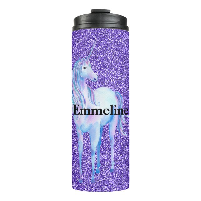 Name des lila Sparkle Glitzer Unicorn  Thermosbecher (Vorderseite)