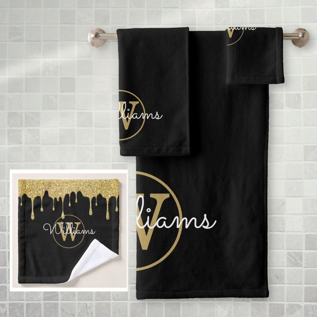 Name des Monogram-Skripts für den Gold-Glitzer-Tro Badhandtuch Set (Gold Glitter Drips Monogram Script Name Bath Towel Set)