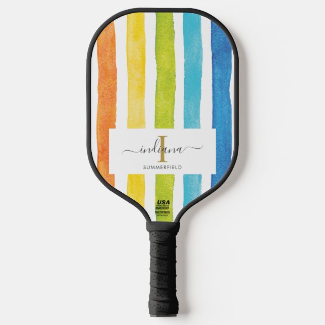 Name des Monogram-Skripts für Wasserfarbenstreifen Pickleball Schläger (Vorderseite)