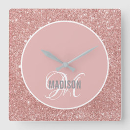 Name des Monogrammes des modernen Rosa-Glitzer Quadratische Wanduhr