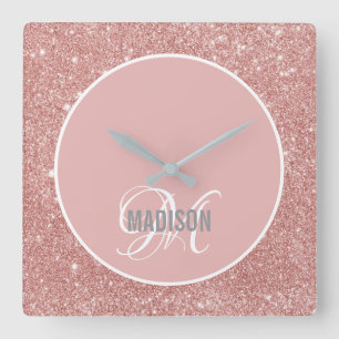 Name des Monogrammes des modernen Rosa-Glitzer Quadratische Wanduhr