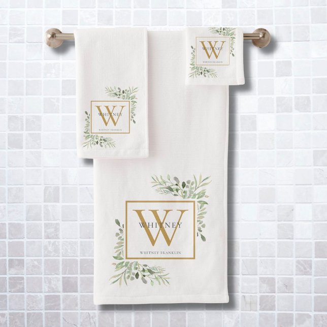 Name des Monogrammes für Aquarellgrün Badhandtuch Set (Watercolor Greenery Gold Monogram Name Bath Towel Set)