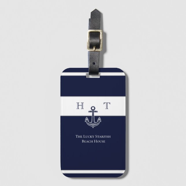 Name des Monogrammes Nautic Navy Blue Anchor Coast Gepäckanhänger (Vorderseite Vertikal)