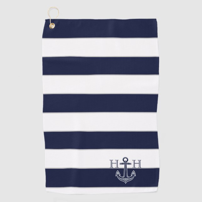 Name des Monogrammes Nautic Navy Blue Anchor Coast Golfhandtuch (Vorderseite)
