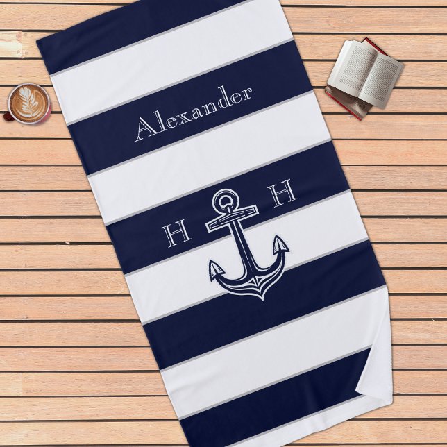 Name des Monogrammes Nautic Navy Blue Anchor Coast Strandtuch (Von Creator hochgeladen)