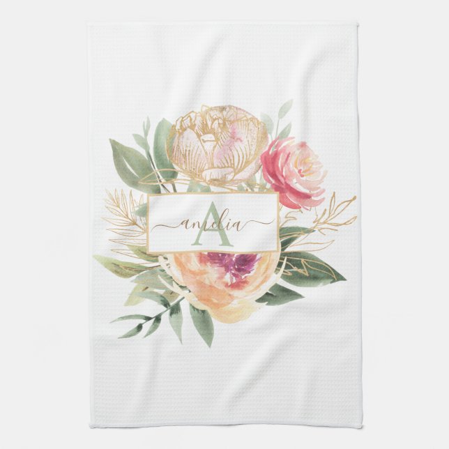Name des Monogrammes "Peony and Gold Foil Blogram  Geschirrtuch (Vertikal)