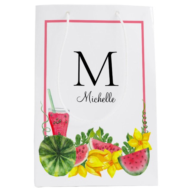 Name des Monogrammes Pink Watermelon Mittlere Geschenktüte (Vorderseite)