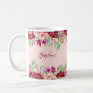 Name des Monogramms Burgund Blush Floral Kaffeetasse