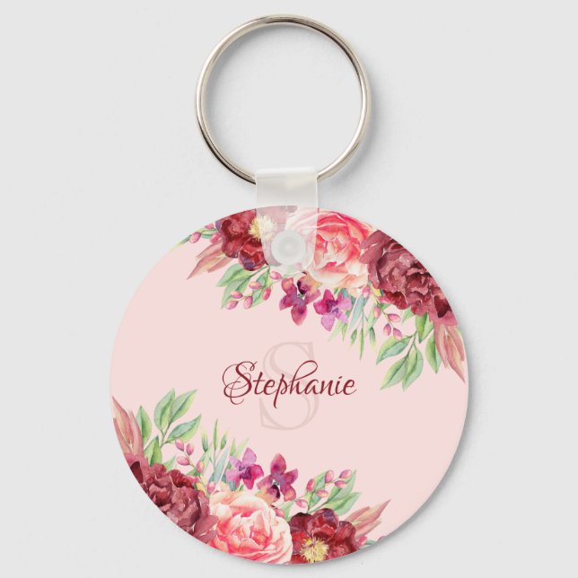 Name des Monogramms Burgund Blush Floral Schlüsselanhänger (Vorderseite)