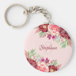 Name des Monogramms Burgund Blush Floral Schlüsselanhänger