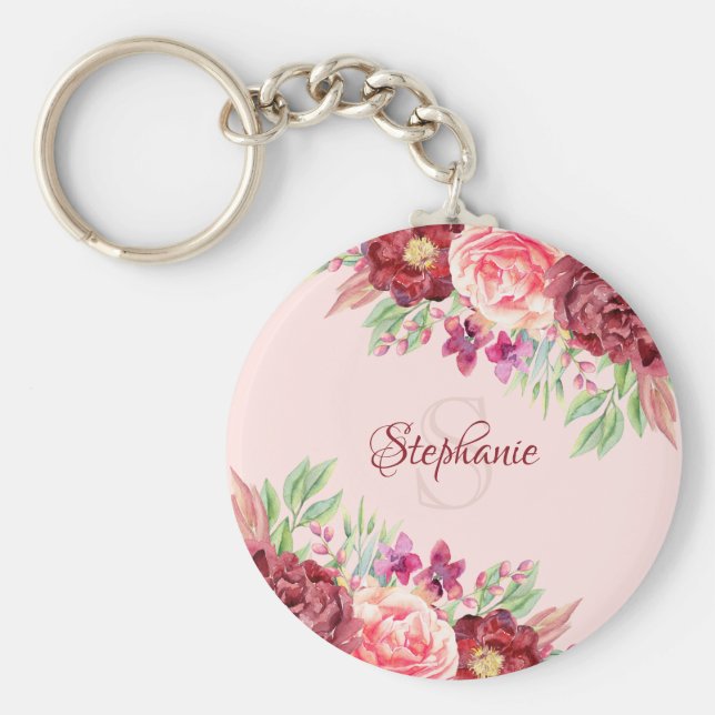 Name des Monogramms Burgund Blush Floral Schlüsselanhänger (Vorne)