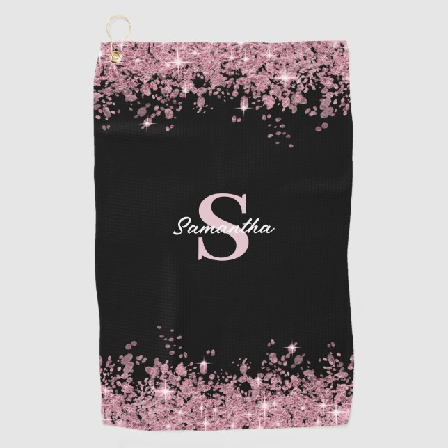 Name des Monogramms des eleganten rosa Glitzer Golfhandtuch (Vorderseite)