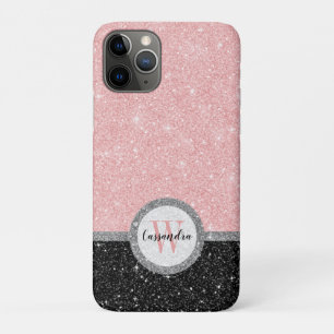 Name des Monogramms des Girl-Pink-Schwarzen Glitze Case-Mate iPhone Hülle