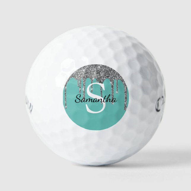 Name des Monogramms für aquamarine Silver Glitzer- Golfball (Vorderseite)