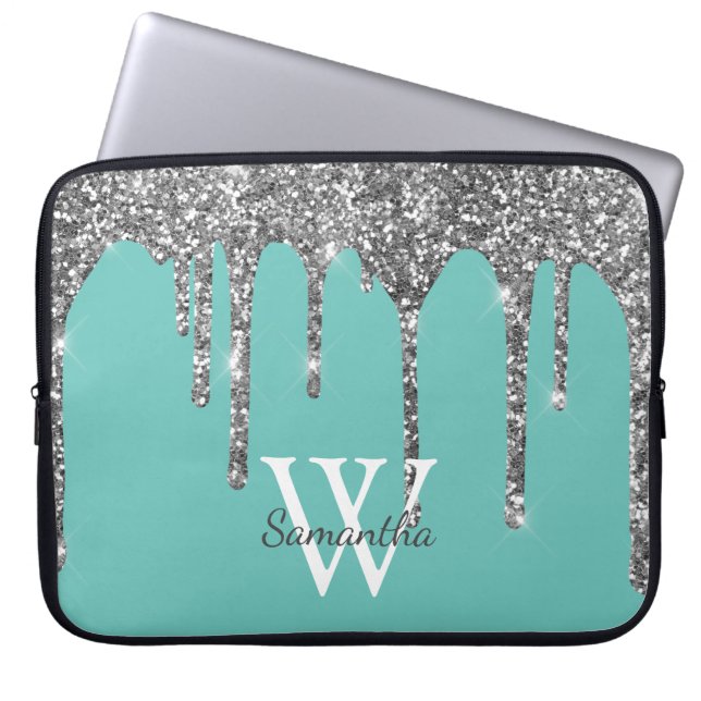 Name des Monogramms für aquamarine Silver Glitzer- Laptopschutzhülle (Vorderseite)