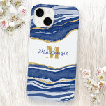 Name des Monogramms für den blauen Marmor Agate Go Case-Mate iPhone 14 Hülle<br><div class="desc">Die blaue Aquarellfarbe verleiht Marmor-Design mit den Imitaten goldenen Glitzer. Ändern Sie den Namen und das Monogramm Initial,  um anzupassen.</div>
