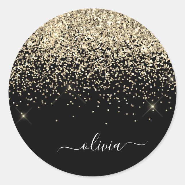 Name des Monogramms für den Gold Black Girl Glitze Runder Aufkleber (Vorderseite)