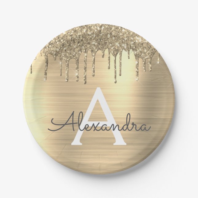 Name des Monogramms für den Gold-Glitzer-Brushed Pappteller (Vorderseite)