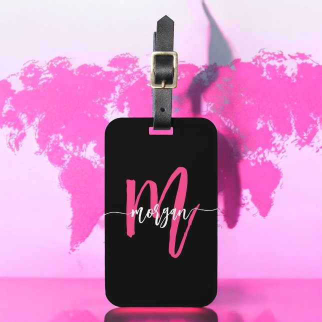 Name des Monogramms für den Hot Pink Black World T Gepäckanhänger (Von Creator hochgeladen)