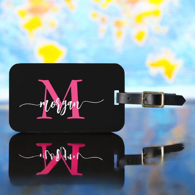 Name des Monogramms für den Hot Pink Black World T Gepäckanhänger (Von Creator hochgeladen)