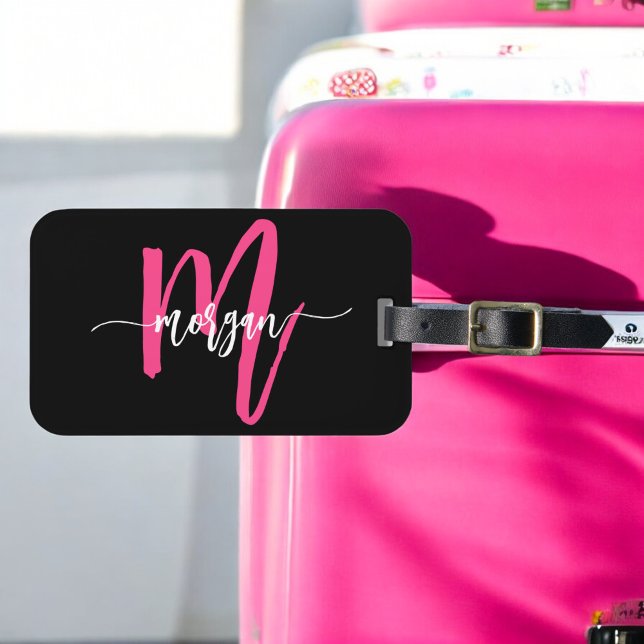 Name des Monogramms für den Hot Pink Black World T Gepäckanhänger (Von Creator hochgeladen)