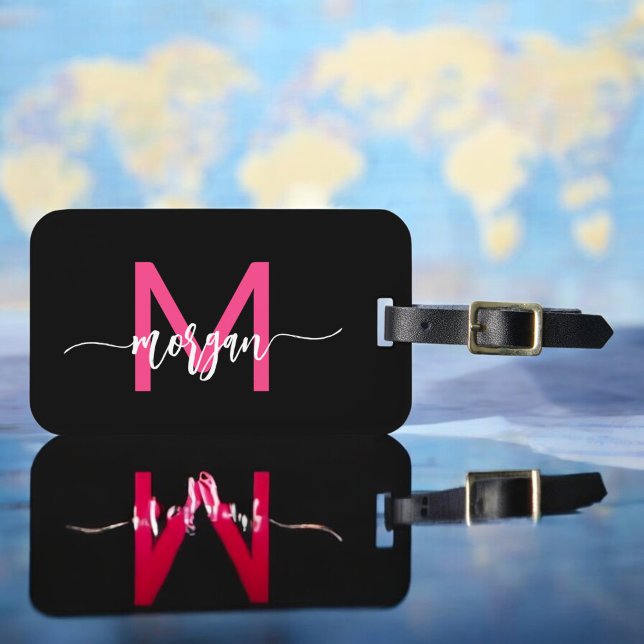 Name des Monogramms für den Hot Pink World Black T Gepäckanhänger (Von Creator hochgeladen)