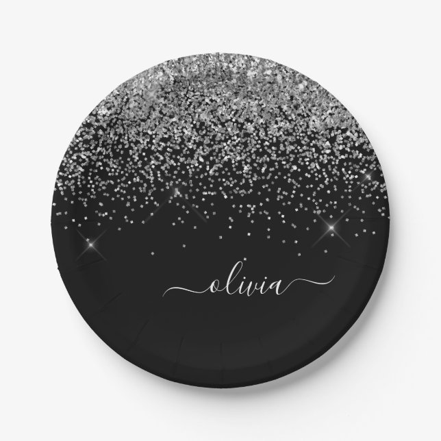 Name des Monogramms für den Silver Black Girl Glit Pappteller (Vorderseite)
