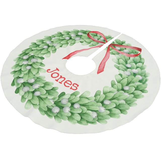 Name des Monogramms für die Wasserfarbe Weihnachte Polyester Weihnachtsbaumdecke (Schrägansicht)