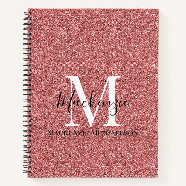 Name des Monogramms für Girly Coral Red Glitzer Notizbuch (Vorderseite)