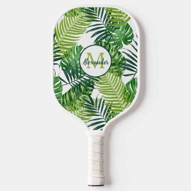 Name des Monogramms für grüne tropische Blätter Pickleball Schläger (Vorderseite)